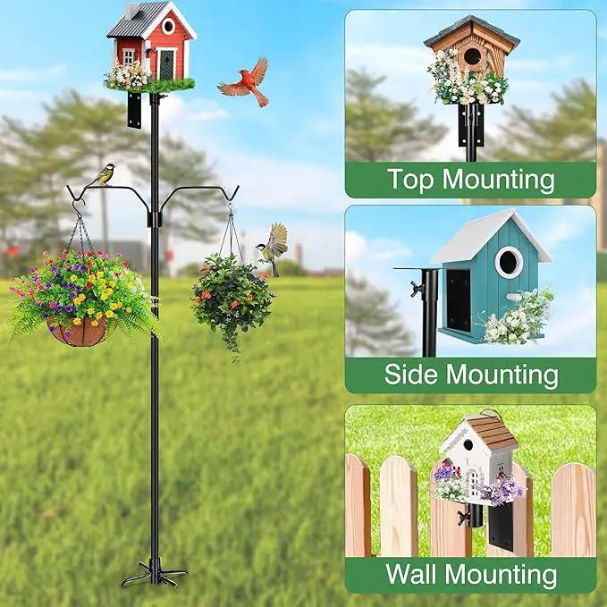 Bird Feeder Pole, 79 Inch Heavy Duty Bird House Pole Mount Kit for Outdoors, Adjustable Metal Bird Feeding Stand, with 2-Hooks, 5-Prong Base for Hanging Feeders, Black by GreenHaven Gardens