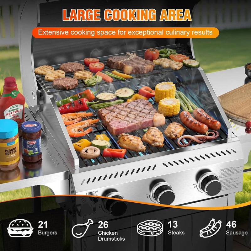 3-Burner Gas Grill with Folding Side Tables,Stainless Steel 24,000 BTU BBQ Grill,Outdoor Propane Grill for Barbecue,Patio,Camping by GreenHaven Gardens