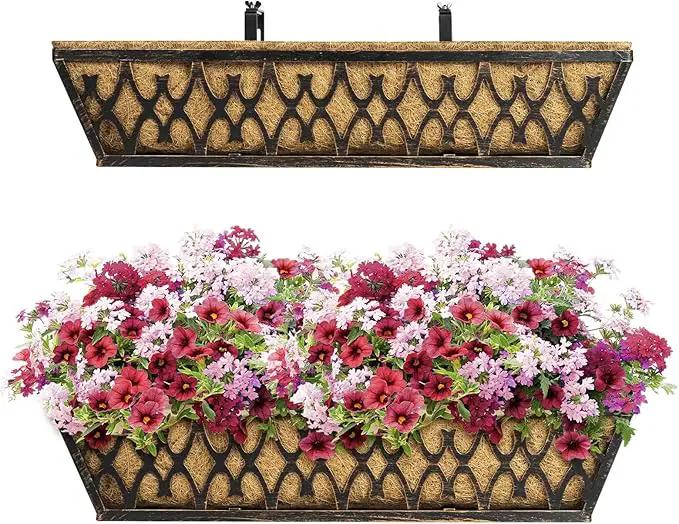 Window Boxes Planters: 2 Pack 24 Inch Railing Planter Box with Adjustable Brackets for Porch Fence Patio Balcony Hanging Flower Baskets with Coco Liners for Outdoor Garden Decor - Bronze by GreenHaven Gardens