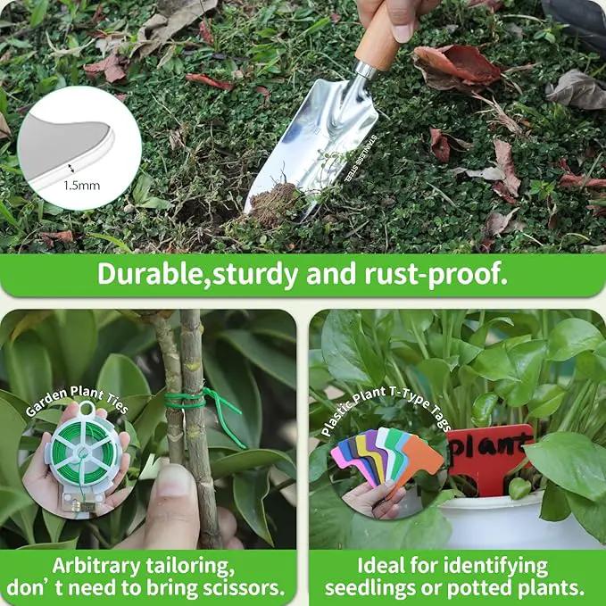Garden Tool Set, 3 Pieces Gardening Kit with Garden Plant Twist Tie and Plastic Plant Tag, Stainless Steel Heavy Duty Garden Tools with Wooden Handle, Gardening Gifts for Women by GreenHaven Gardens