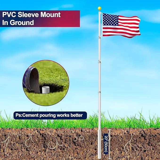 30FT Telescoping Flag Pole Kit, Heavy Duty 16 Gauge Aluminum Outdoor In Ground Flag Poles with Embroidered 3x5 USA Flag, for Residential or Commercial,Garden,Yard Flag Poles by GreenHaven Gardens