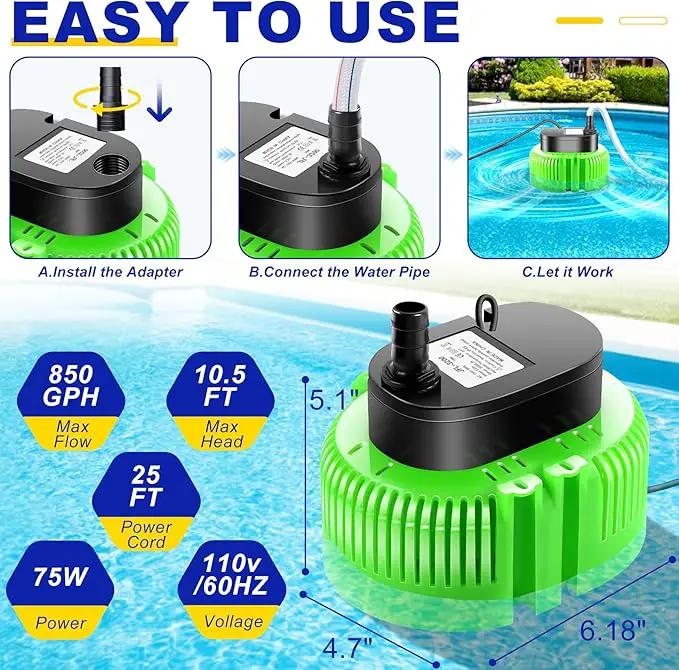 Pool Cover Pump above Ground-Submersible Sump Pump Swimming Water Removal Pumps, Sump Pump for Pool Draining with 16ft Drainage Hose & 25 ft Extra Long Power Cord,850 GPH,3 Adapters-Green by GreenHaven Gardens