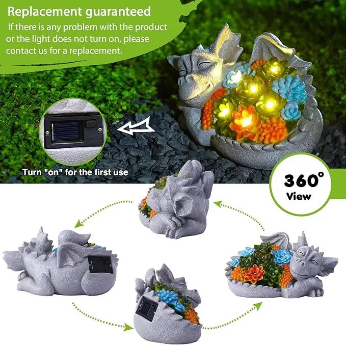 Solar Dragon Statue with Succulent Lights - Dragon Garden Sculptures & Statues，Garden Decor for Outdoor Yard Art Ornaments 9.1inch (Gray) by GreenHaven Gardens