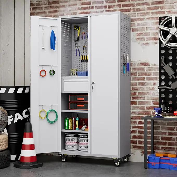 Garage Storage Cabinet with Locking Doors and 2 Adjustable Shelves, 71" H Metal Rolling Tool Storage Cabinet with Wheels, Drawer, Pegboard and 16 Hooks for Garage, Warehouse, White and Gray by GreenHaven Gardens