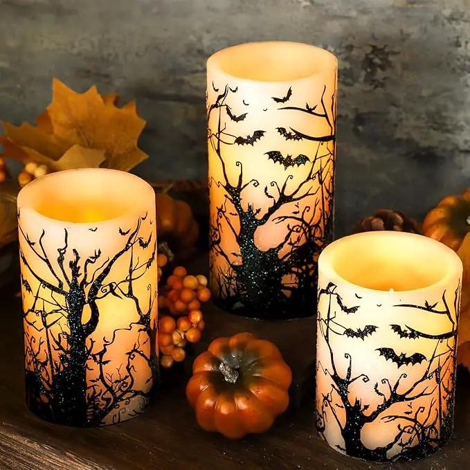 Halloween Decor Flameless Candles Set of 3 Black Spooky Bats Decal Flickering Candles Battery Operated with Remote Real Wax LED Pillar Candles for Halloween Party Horrible Theme Decor by GreenHaven Gardens