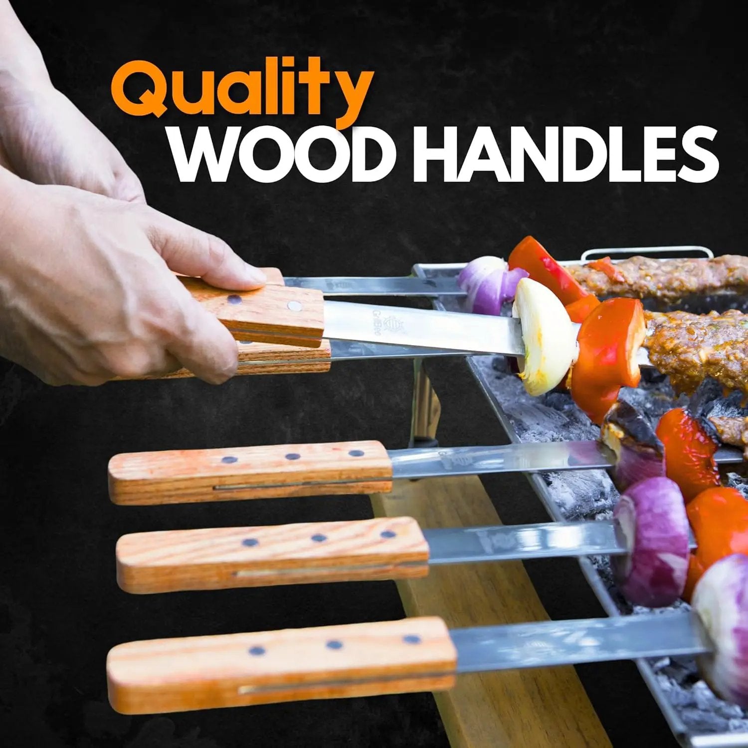 Premium Kabob Skewers 23 inch Long and 1 inch Wide Stainless Steel Flat Reusable Metal Skewers for Grilling BBQ - Making Brazilian Koobideh Chicken Kebab, 8pc Set with Bag by GreenHaven Gardens