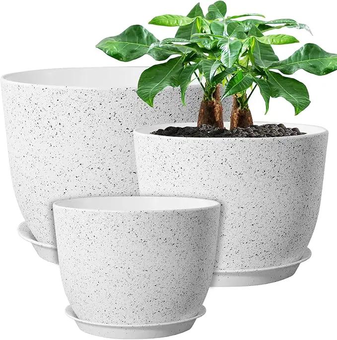 12/10/9 Large Modern Plant Pots, Plastic Planters with Drainage Holes and Saucers for Indoor Outdoor Plants Flowers, White Speckles by GreenHaven Gardens