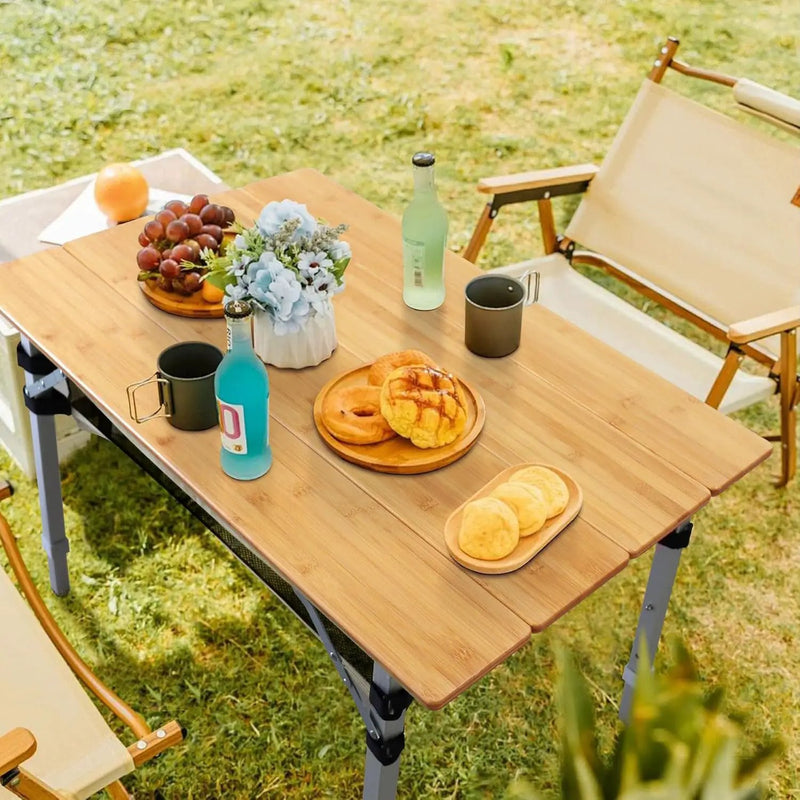 Bamboo Folding Camping Table 4 Folds with Adjustable Aluminum Legs Portable Picnic Table with Storage and Carry Bag for Outdoor Hiking Beach 2-4 Person by GreenHaven Gardens