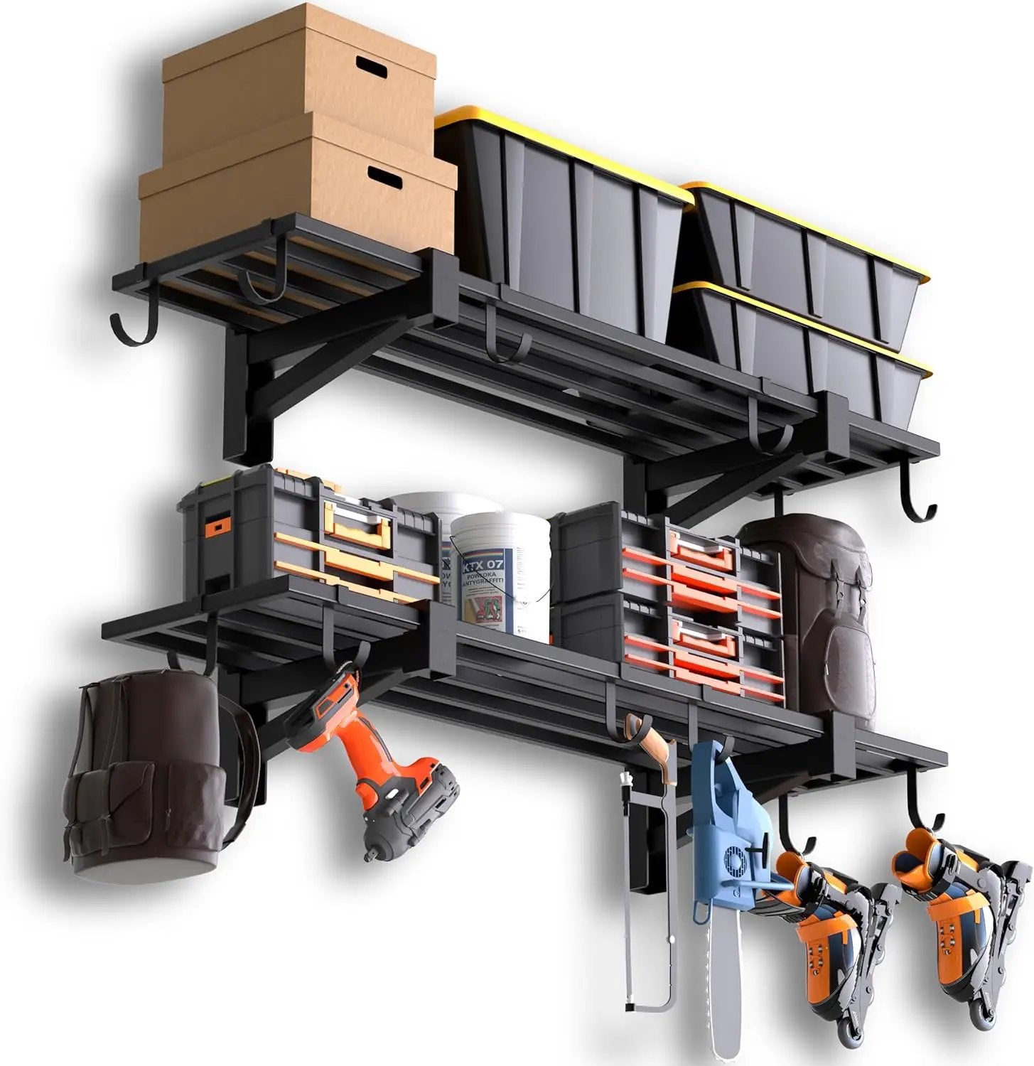 2-Pack Garage Wall Shelving, Heavy Duty Garage Storage Shelving With Hooks, Shelving Wall Mounted Holds 250 lbs Each,Black by GreenHaven Gardens