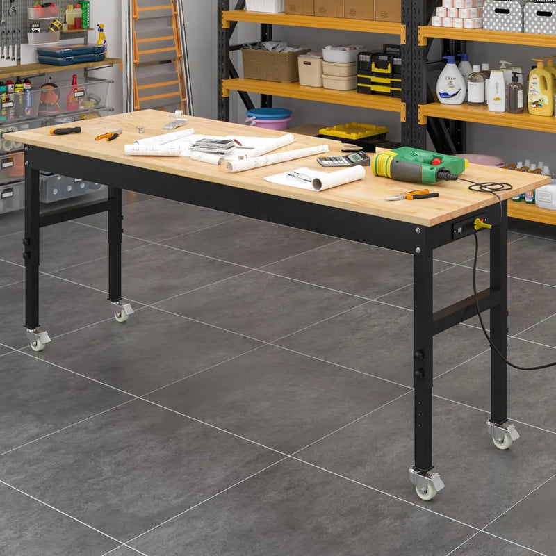 70'' Adjustable Workbench, Rubber Wood Top Work Bench Heavy-Duty Work Table with Socket, Wheels and Fixed Legs 2000 LBS Load Capacity Hardwood Sewing Table for Garage, Workshop, Home, Office by GreenHaven Gardens
