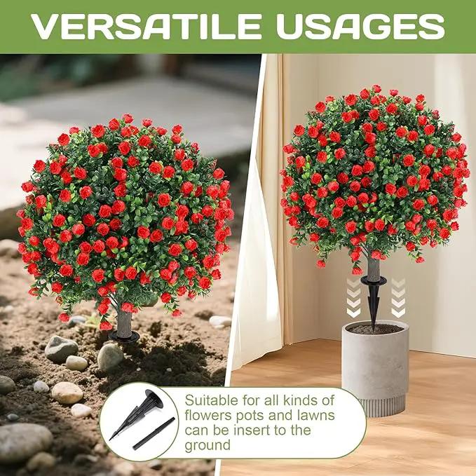 Artificial Red Rose Topiary Ball Tree 25" with Ground Spike, Set of 2 Artificial Boxwood Bushes for Faux Shrubs, Fake Evergreen Faux Plant for Indoor Outdoor Porch Garden -UV Resistant–Fade-Proof by GreenHaven Gardens