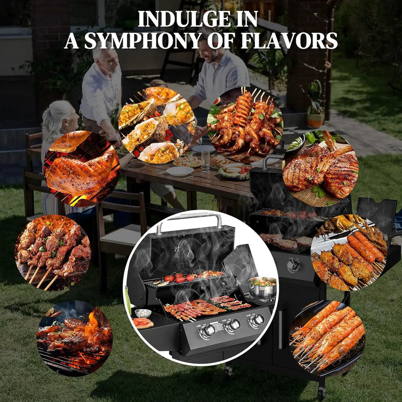 ROVSUN 3-Burner Propane Gas BBQ Grill with Side Burner & Enameled Cast Iron Grates, 46,000 BTU Barbecue Grill with Wheels for Outdoor Patio Backyard Cooking Grilling, Black by GreenHaven Gardens