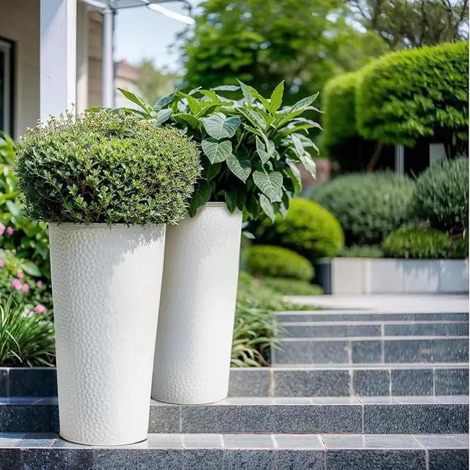 KOL 25" H. Metal Hand-Hammered Planters with Inner Pots 2-Pack, White Decor Planter for Deck, Patio, Porch - Galvanized Steel Handcrafted Flower Pot - w/Water Level Indicator - Indoor Outdoor Use by GreenHaven Gardens