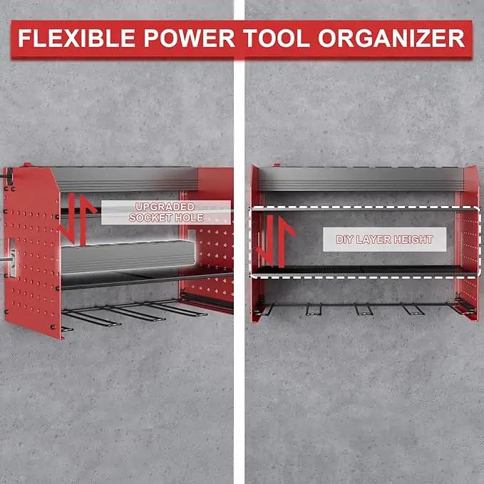Power Tool Organizer with Charging Station, 6 Drill Holder Wall Mount, 3 Layer Garage Tool Organizer with Hooks, Screwdriver, Drill Bit Rack, Heavy Duty Utility Shelf for Garage, Gifts for Men by GreenHaven Gardens