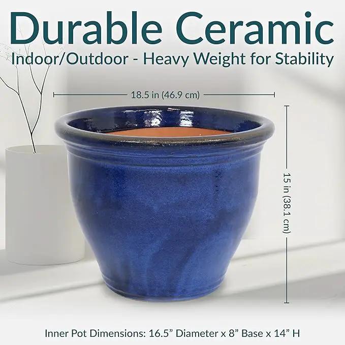 Sunnydaze 18.5" Large Ceramic Plant Pot - Round Outdoor Glazed Ceramic Planter Pot with Drainage - Imperial Blue - Studio by GreenHaven Gardens