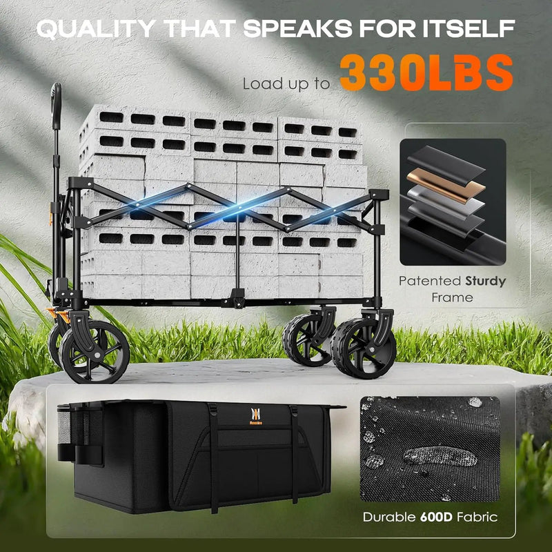 Navatiee Big Wheels Collapsible Wagon Cart Foldable, Heavy Duty Beach Wagon with Silent All-Terrain Wheels, Folding Utility Grocery Cart with Side Pocket and Brakes for Camping Garden Sports, Black by GreenHaven Gardens