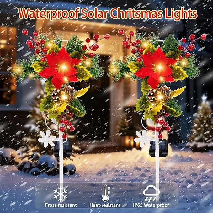 4 Pack Solar Christmas Decorations Outdoor, 32 Inch Solar Christmas Cross Stake Lights, Waterproof Grave Decorations with Poinsettia Flower Pinecones Red Berries for Garden Yard Patio Lawn Cemetery by GreenHaven Gardens