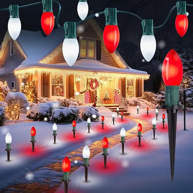 Brightown Frosted C9 LED Christmas Lights Outdoor, 2 Packs Total 64Ft Christmas Pathway Lights with 50 LED Bulbs and Stakes, Christmas Decorations Outside Driveway Walkway Sidewalk, Red and White by GreenHaven Gardens
