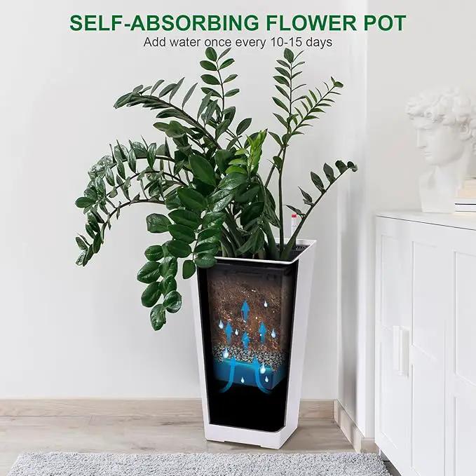 22.5" Tall Planters Set of 2, Outdoor＆Indoor Black Planter Pots, High Front Porch Planter Pots with Drainage Holes＆Water Level Monitor＆Inner Bucket, Automatic Watering, White by GreenHaven Gardens