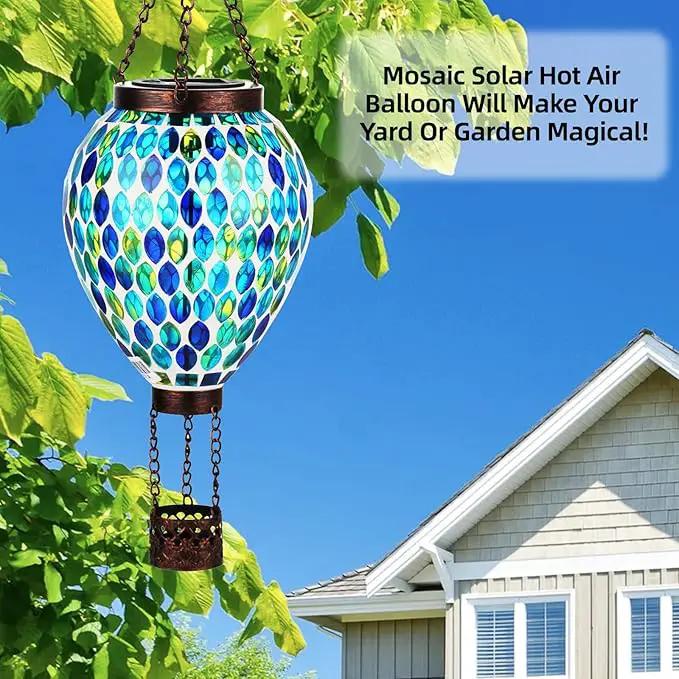 VOREEN Hot Air Balloon Solar Lantern, Mosaic Solar Outdoor Hanging Wind Light, Waterproof, Patio Festive Decor, Easter Gifts for Mom Father Grandma, Blue by GreenHaven Gardens