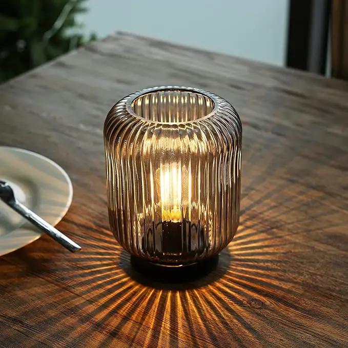 Battery Operated Lamp, Cordless Table Lamps Battery Powered Bedside Small Lamp with LED Bulb, Decorative Glass Lamp for Bedroom Living Room Home Decor-Light Grey by GreenHaven Gardens