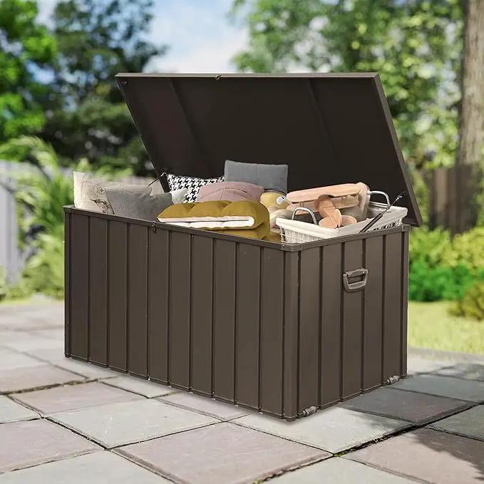 Domi Deck Box 190 Gallon, Waterproof Lockable Steel Outdoor Storage Container for Outside Cushions, Garden Tools and Pools Equipment, Brown by GreenHaven Gardens