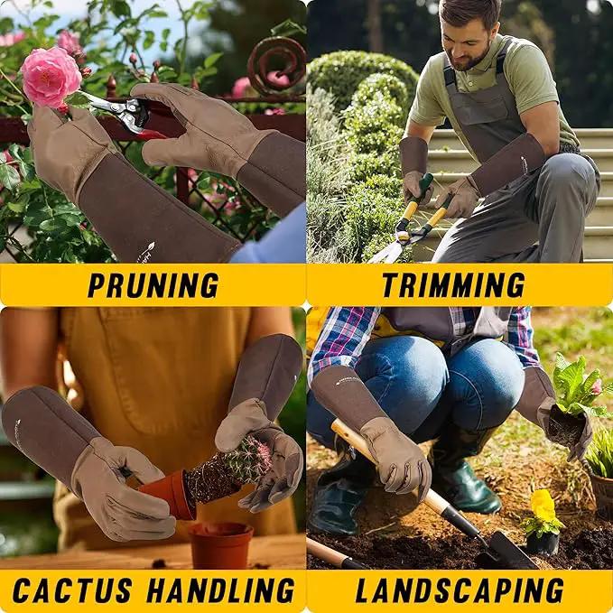 HANDLANDY Long Gardening Gloves for Men & Women, Cowhide Leather Rose Pruning Gloves- Breathable & Durable Gauntlet Glove (Small, Brown) by GreenHaven Gardens