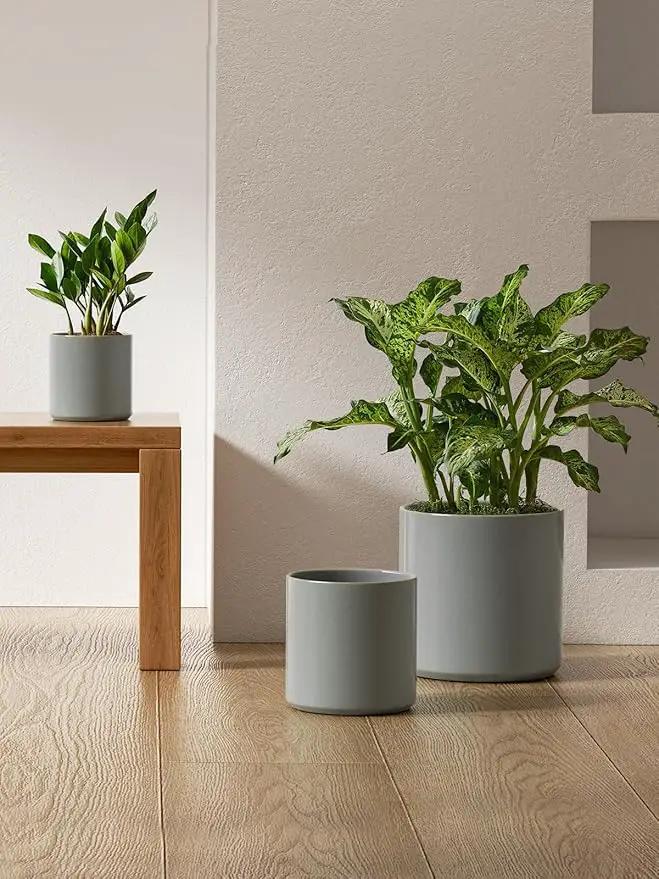 LE TAUCI Ceramic Plant Pots Indoor, 10 Inch 8 Inch 6 Inch Planters for Indoor Plants, Mid-Century Modern Flower Pots with Drainage Hole, Cylinder Round Planter Pots, Set of 3, Reactive Glaze Blue Gray by GreenHaven Gardens