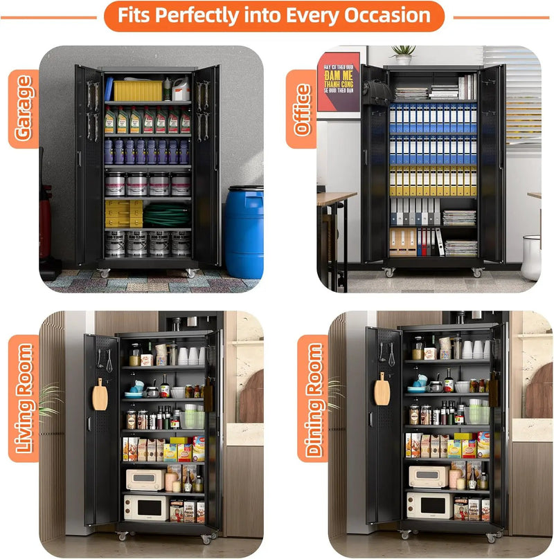 Aobabo 71" H×34" W×18" D Metal Storage Cabinet with Wheels, Locking Steel Storage Cabinet with 4 Hooks, 5 Shelves for Garage, Home Office, School, Assembly Required, Black by GreenHaven Gardens