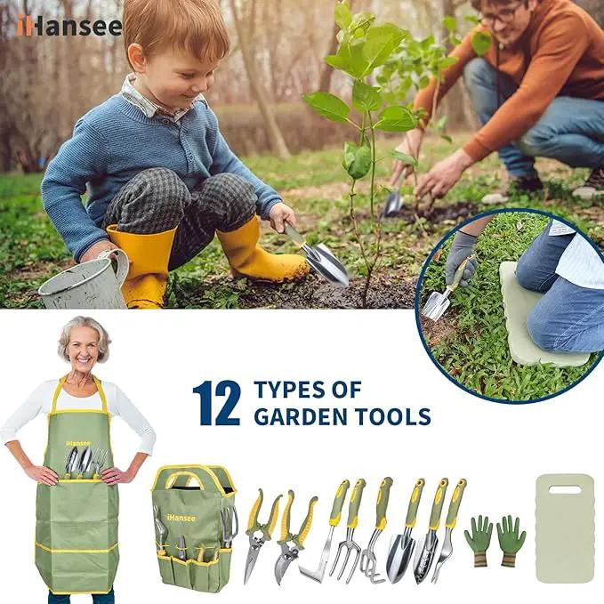 Set of 12 Garden Tool, iHansee Heavy-Duty Aluminum Gardening Hand Tools with Rubber Non-Slip Handle, Garden Apron, Gloves, Kneeling Pad and Storage Bag, Garden Hand Tools Starter Kit Landscaping Tools by GreenHaven Gardens