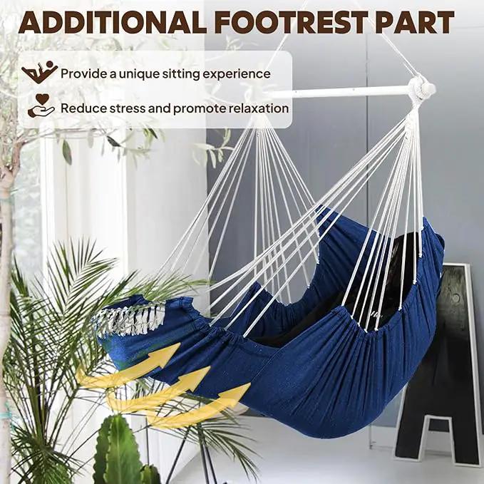Chihee Hammock Chair Hanging Chair with Foot Rest 2 Cushions Max 500lbs Robust Metal Spreader Bar Collapsible Easy Storage Soft Cotton Swing Chair Strong Strap Iron Carabiner Side Pocket Included by GreenHaven Gardens