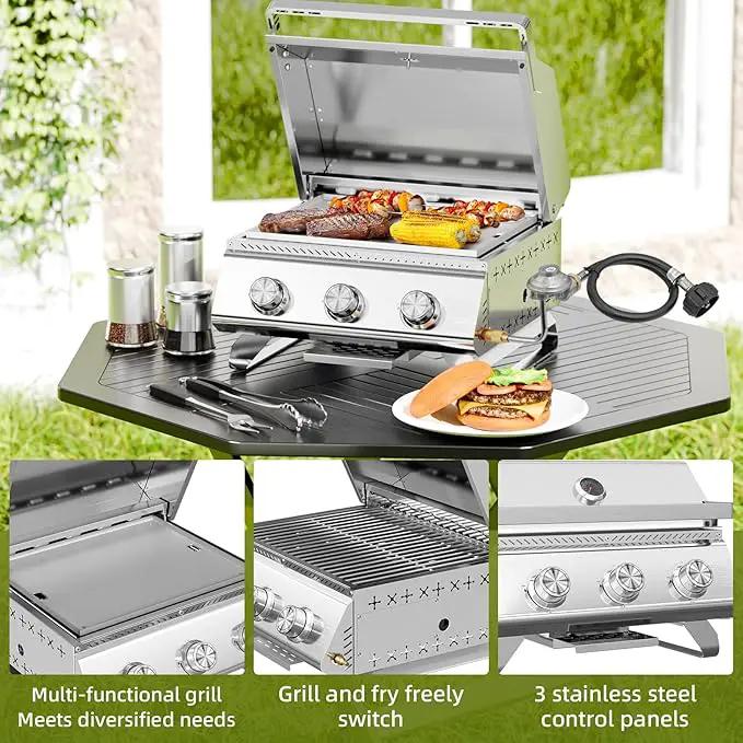 3-Burner 24,000 BTU Portable Flat Top Propane Gas Grill, Heavy-Duty Stainless Steel 2-in-1 Tabletop Grill and Griddle Combo for Commercial BBQ, Outdoor Cooking, Camping,Tailgates & Backyard by GreenHaven Gardens
