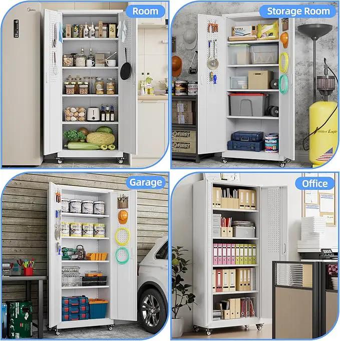 73" H Metal Storage Cabinet with Wheels, Pegboard and 4 Hooks, Garage Storage Cabinet with 4 Adjustable Shelves and 2 Lockable Doors for Garage Home Office, Basement, Assembly Required, White by GreenHaven Gardens