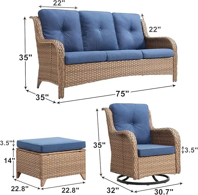 Outdoor Wicker Patio Furniture Set - 5 Piece Rattan Patio Conversation Set with 2 Rocking Swivel Chairs,2 Ottomans and 1 Sofa for Porch Deck Backyard Garden(Yellow/Blue) by GreenHaven Gardens