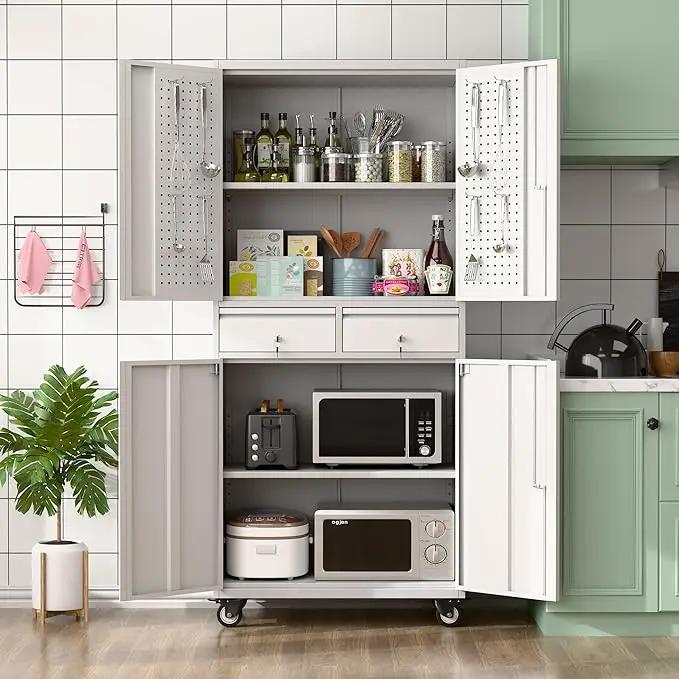 Metal Garage Storage Cabinet with Locking Doors and 2 Adjustable Shelves, Rolling Tool Storage Cabinet with 4 Wheels and 2 Drawer for Garage, Warehouse, White and Gray, Assembly Required by GreenHaven Gardens