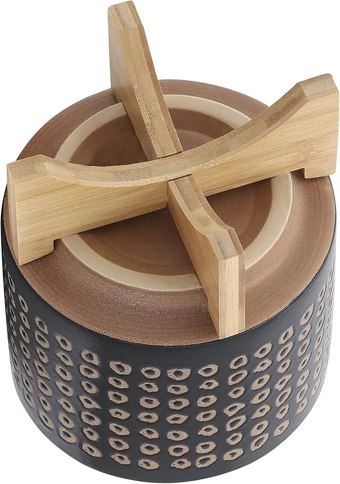 Sagebook Home 9.25" H 8" Diameter Natural Sand and Deep Brown Glazed Ceramic Dotted Planter on Brown Rubberwood Stand for Indoor and Outdoor Decorating by GreenHaven Gardens