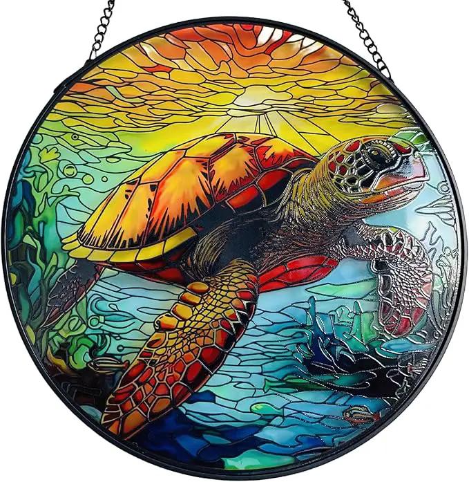 RIVEENY Sea Turtle Glass Window Hanging,8" Sea Turtle Decor Sun Catchers,Stained Glass Sun Catcher Hanging Decoration with Metal Chain,Sun Catchers for Window Decor Outdoor Garden Decor by GreenHaven Gardens