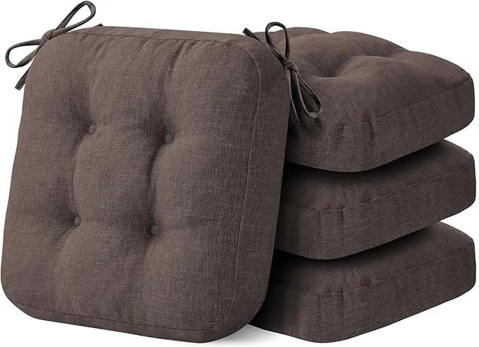 Chair Cushions for Dining Chairs, Dining Chair Cushions, Tufted Indoor Chair Pads with Ties & Non Slip Backing, Seat Cushions for Kitchen Chairs 16.5” x 16.5” x 3.5”, Set of 4, Brown by GreenHaven Gardens