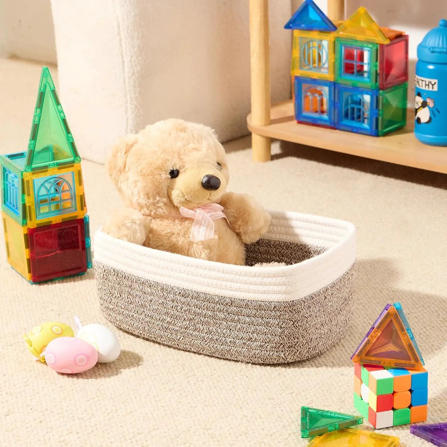 Small Storage Baskets for Organizing | Closet Organizer Bins | Shelf Toy Basket | Woven Rope Baskets | Cube Decorative Box | Shallow Basket | 11.5x7.5x4.7” | 3 Packs White Brown by GreenHaven Gardens