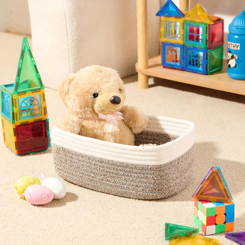 Small Storage Baskets for Organizing | Closet Organizer Bins | Shelf Toy Basket | Woven Rope Baskets | Cube Decorative Box | Shallow Basket | 11.5x7.5x4.7” | 3 Packs White Brown by GreenHaven Gardens