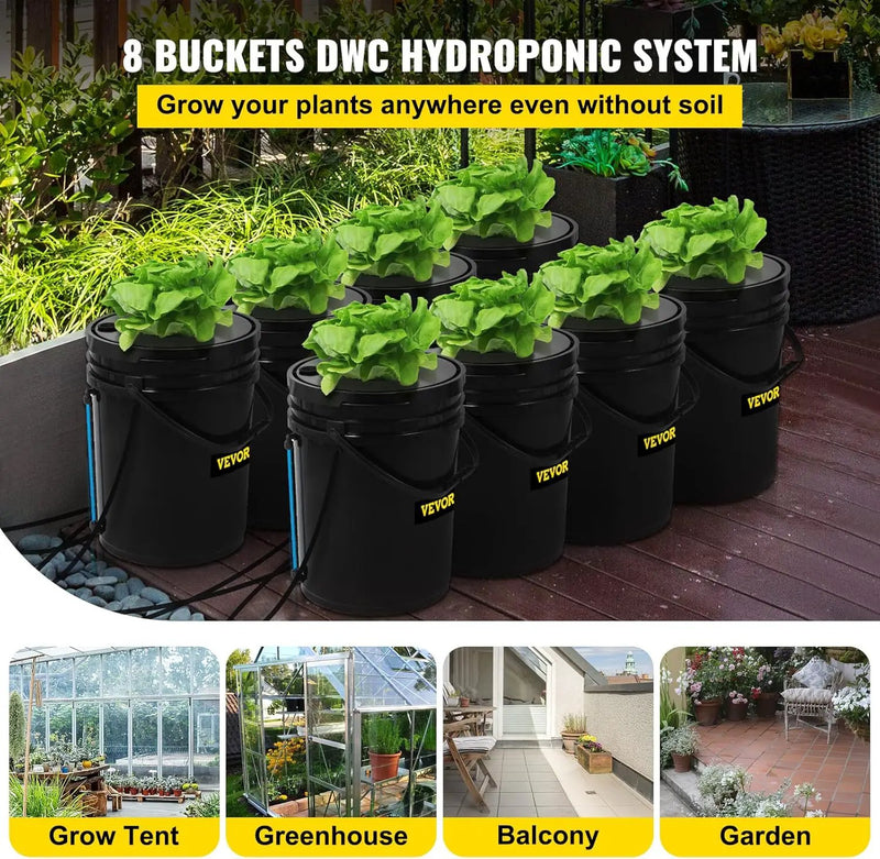 VEVOR DWC Hydroponic System, 5 Gallon 8 Buckets, Deep Water Culture Growing Bucket, Hydroponics Grow Kit with Pump, Air Stone and Water Level Device, for Indoor/Outdoor Leafy Vegetables by GreenHaven Gardens