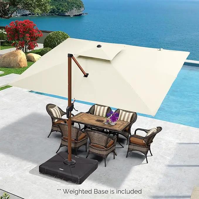 PURPLE LEAF 9' X 12' Double Top Deluxe Wood Pattern Rectangle Patio Umbrella with Base Offset Hanging Umbrella Outdoor Market Umbrella Garden Umbrella, Cream by GreenHaven Gardens