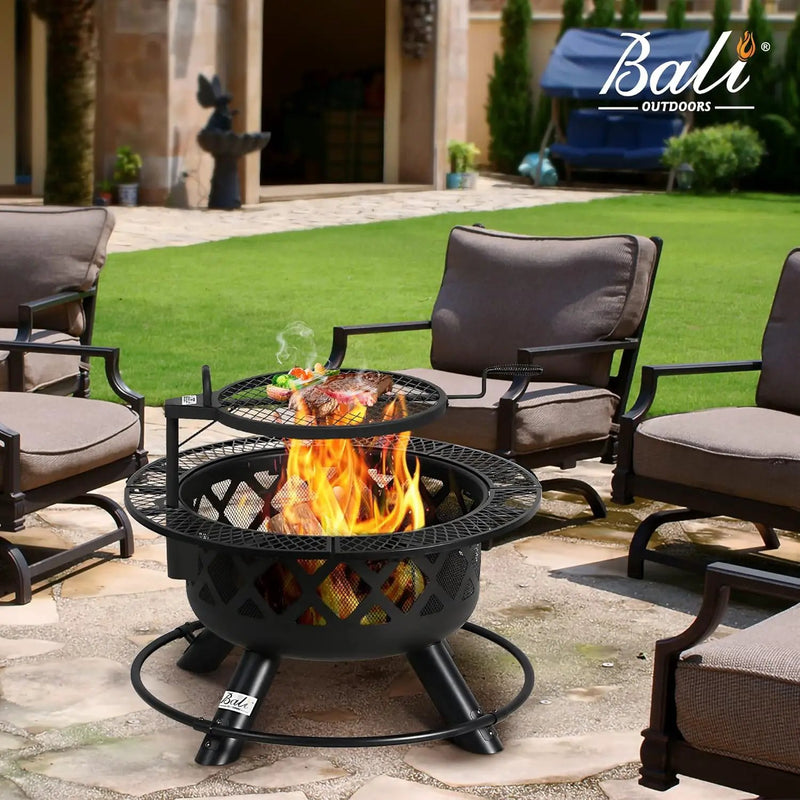 BALI OUTDOORS Fire Pit with Poker, 32 inch Outdoor Fire Pit Patio, Wood Burning Firepits for Outside with Grill by GreenHaven Gardens