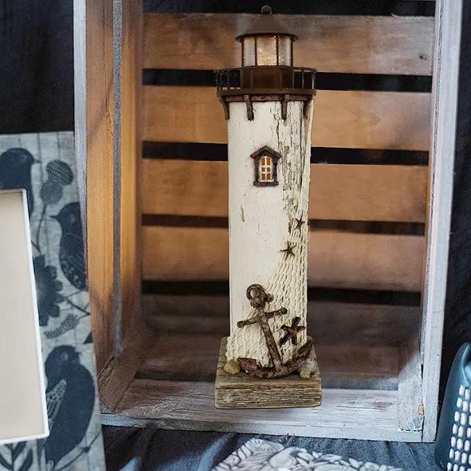 Wooden Lighthouse Decor with Light, Decorative Nautical Lighthouse Nightlight Rustic Ocean Sea Beach Themed Lighthouse Decoration by GreenHaven Gardens