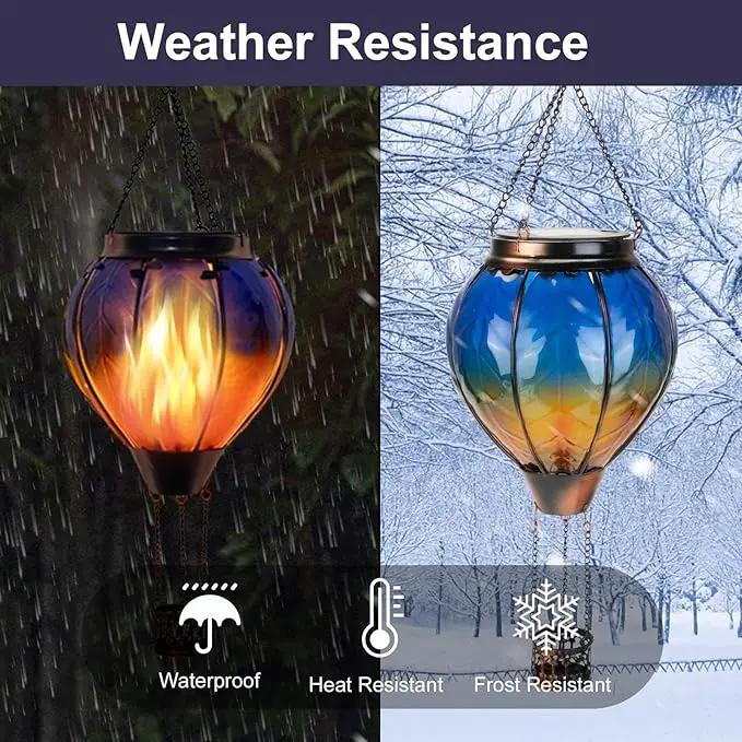 pearlstar Hot Air Balloon Solar Lantern with Flickering Flame Light, Outdoor Solar Hanging Lights Waterproof for Garden Yard Patio Farmhouse Decoration,Stained Glass Blue by GreenHaven Gardens