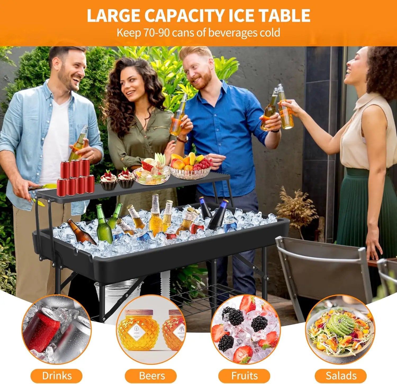 Portable Folding Ice Cooler Table - Two-Tier Outdoor Cooler Table with Removable Matching Skirt and Shelf, Ice Tables for Party, Camping, Picnic, Foldable Self-Serving Beverage Cooling Bar(Black) by GreenHaven Gardens