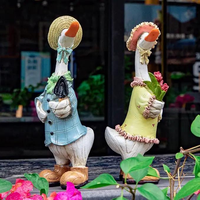 Garden Statues Couple Duck, Funny Cartoon Duck Garden Statues Indoor Outdoor Decorations Cute Ducks Art Décor Goose for Yard Home Garden Patio and Office (2- Pack) by GreenHaven Gardens