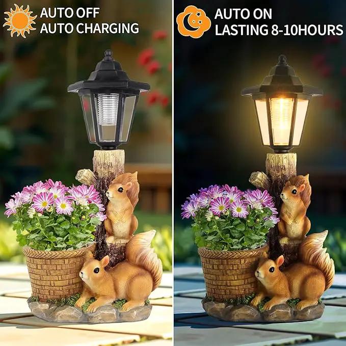 Solar Squirrels Outdoor Statues, Garden Sculptures with Flowerpot Decor & Solar Lantern for Yard Art Lawn Ornaments Porch Patio Balcony - Birthday Gifts for Women Mom by GreenHaven Gardens