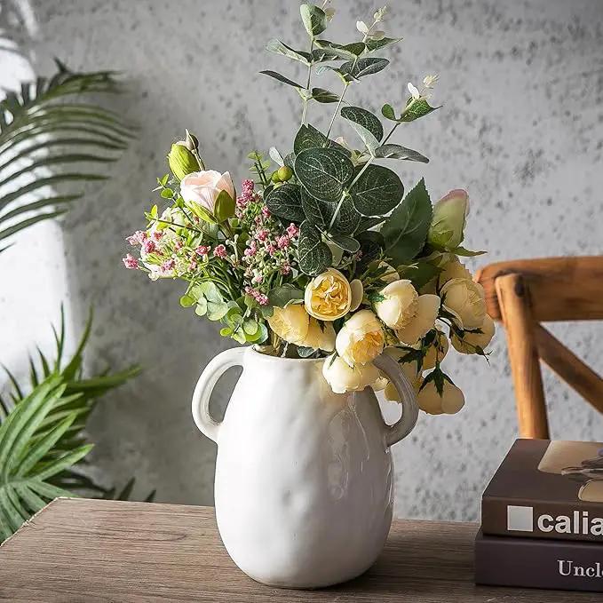 Kimdio White Ceramic Vase with 2 Handles, Modern Farmhouse Vases for Home Decor, Rustic Pottery Vase, Decorative Terracotta Flower Vase, Clay Small Vase, Centerpieces for Dining Table by GreenHaven Gardens