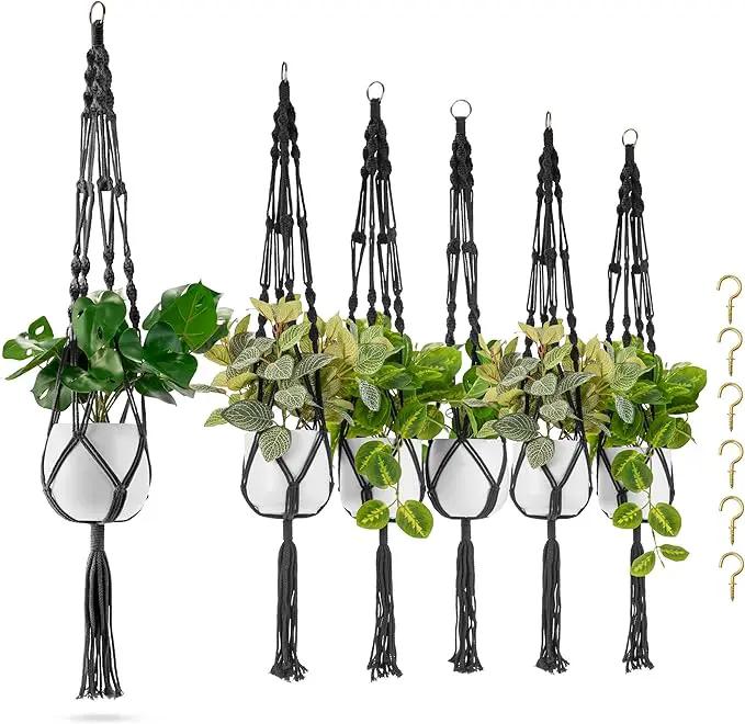 Sorbus Macrame Plant Hanger (6 Pack) Indoor Outdoor Hanging Plant Pots Cotton Rope, Elegant for Home, Patio, Garden (Black) by GreenHaven Gardens